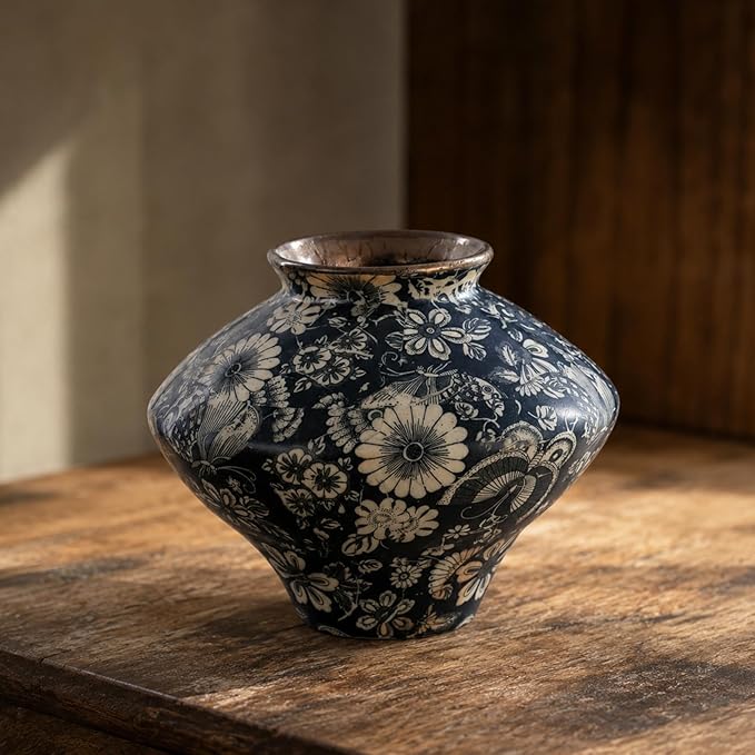Small Wabi Sabi Blue and White Vintage Ceramic Vase, 6.7" Rustic Pottery Vase for Centerpieces, Chinoiserie Decorative Flower Vases for Table, Living Room, Bathroom, Kitchen, Farmhouse Home Decor Gift