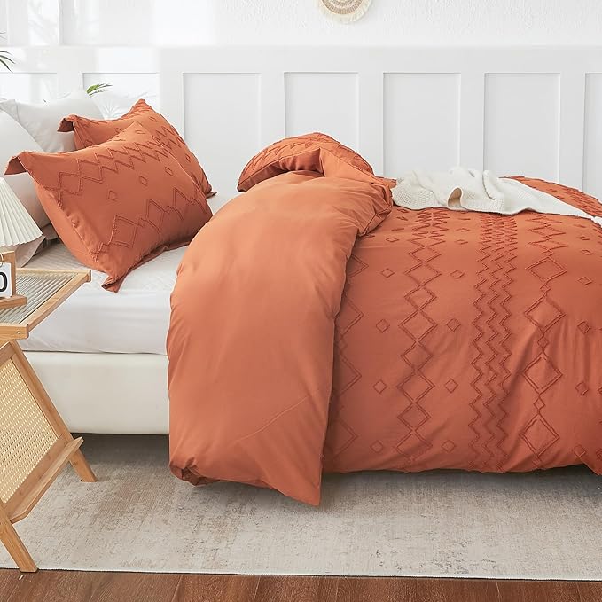 EMME Boho Duvet Cover Twin Size - 2 Pieces Embroidery Shabby Chic Bedding, Tufted Comforter Cover for All Seasons, 1 Duvet Cover + 1 Pillowcase (Pumpkin, Twin)