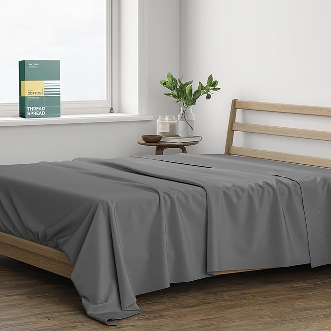 THREAD SPREAD 100% Organic Cotton Percale Flat Sheet Full Size - 1 PC Flat Sheet, Dark Grey - Crisp, Cool and Strong Bed Linen, Top Sheets for Hot Sleepers, Luxury Breathable GOTS Certified Sheets
