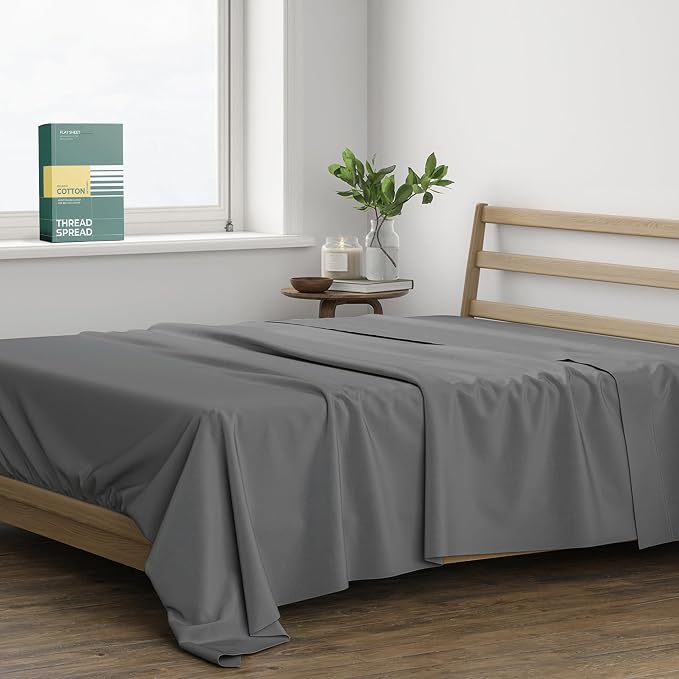 THREAD SPREAD 100% Organic Cotton King Flat Sheet - Percale Weave Cotton Flat Sheet Only (1 PC, Dark Grey), Crisp, Cool, Strong & Breathable Lightweight Bed Linen Top Sheets, GOTS Certified Sheets