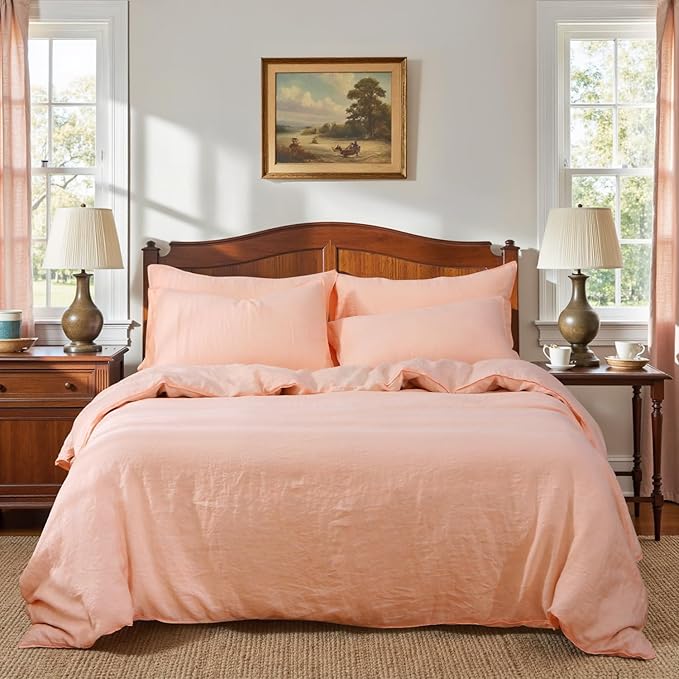 S VICTORY SYMBOL 100% Organic Linen Duvet Cover Set 3PCS King Size,Pure Natural French Flax Bedding,1 Comforter Cover and 2 Pillowcases,Farmhouse Bedding Set(Peach Pink)