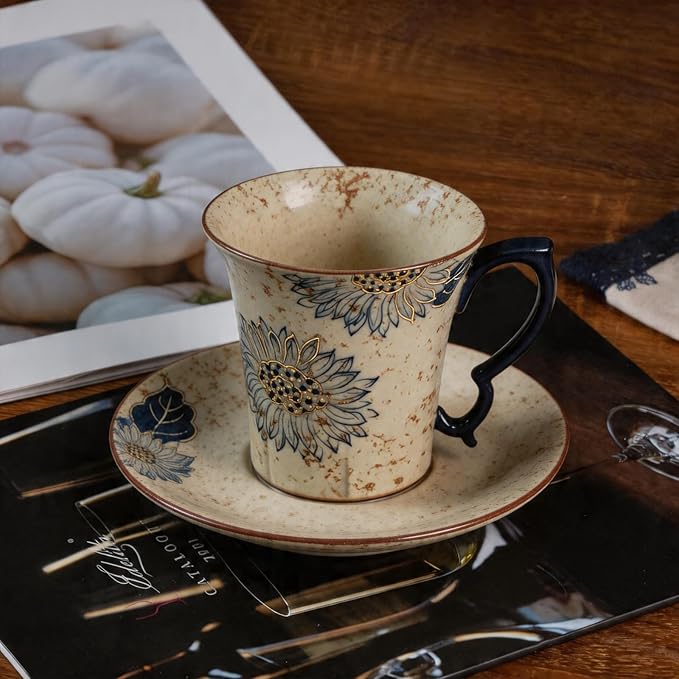 Handmade Sunflower Espresso Cups, Vintage Ceramic Coffee Mug with Saucer, Novelty Tea Cup Set of 1, Dishwasher & Microwave Safe Demitasse for Coffee, Latte, Americano, Tea, 6 oz