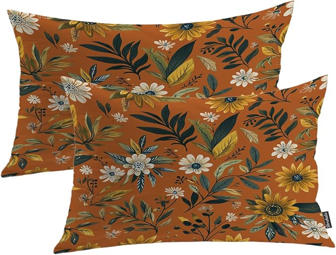 Shrahala Natural Aesthetic Organic Decorative Throw Pillow Cover, Free Form Flowers Earthy Color Lumbar Pillowcase Blended Double-Sided No Inserts for Bedroom Living Room Set of 2 (12 x 20 in)