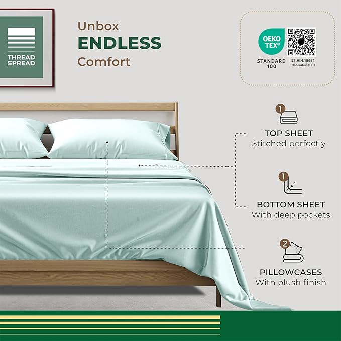 THREAD SPREAD 100% Organic Cotton Sheets California King Size - 4 PC Organic Cotton Cal King Size Percale Weave Sheet Set, Soft, Cooling & Crisp, 16" Deep Pocket Hotel Quality Bedding Set - Sea Foam