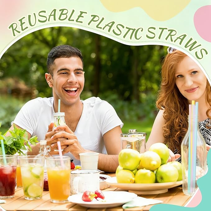 Honeydak 60 Pcs Pastel Reusable Straws 9 Inch Hard Plastic Colorful Drinking Straws for Smoothies Boba Beverage Cocktail Home Restaurant Birthday Summer Party Decoration