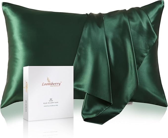 100% Pure Mulberry Silk Pillowcase for Hair and Skin, 6A Grade 22 Momme Silk Pillow Cases with Zipper, Soft Cooling Washable Both Sided Silk Pillow Cover (Dark Green, Queen 20''x30'')