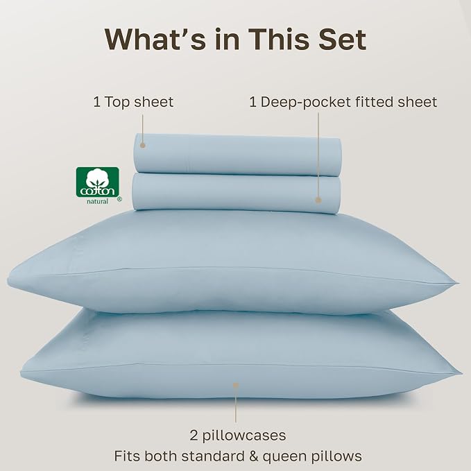 California Design Den 100% Egyptian Cotton Sheets Full Size Bed Set - Certified Authentic, Soft Sateen, Deep Pocket Bed Sheets with Gripper Elastic, Breathable and Durable Luxury Bedding - Light Blue