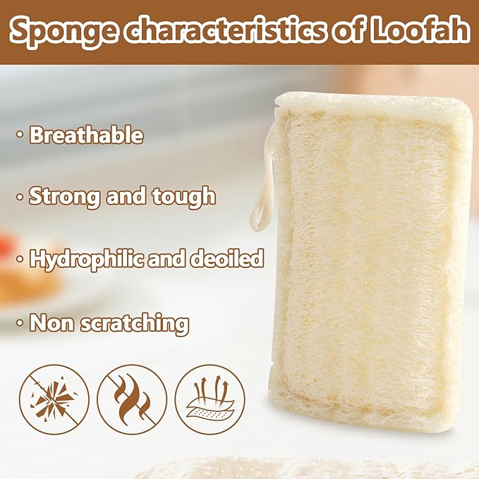 6 Pack Natural Loofah Dish Sponge, 100% Biodegradable Compostable Dishwashing Kitchen Dish Sponges with Cotton Hanging Loop for Kitchen, Bathroom, Household
