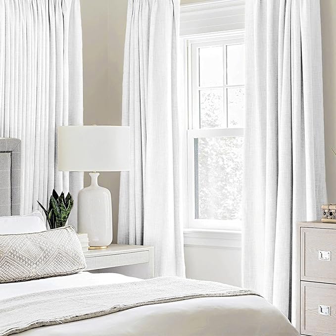 MIULEE Linen Textured Curtains for Bedroom Solid 100% Blackout Thermal Insulated Bright White Grommet Room Darkening Curtains & Drapes Luxury Decor for Living Room 52 x 45 Inch (2 Panels)