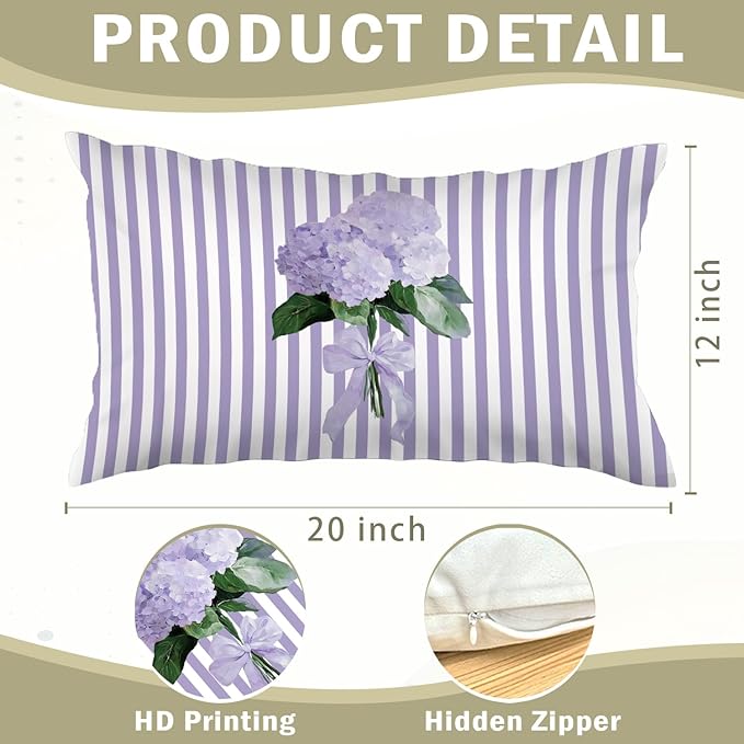 Cottagecore Purple Hydrangea Floral 12x20 Pillow Cover, Preppy Girly Lavender Bow Botanical Flower Purple Striped Decorative Lumbar Pillow Cover for Girls Room Dorm Bedroom Living Room Home