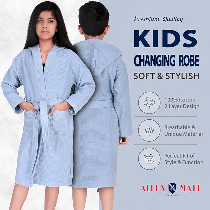 ALLEN & MATE 100% Cotton Waffle Terry Towel Hooded Kids Bathrobe – Soft Absorbent Medium Weight Swim Robe for Boys & Girls
