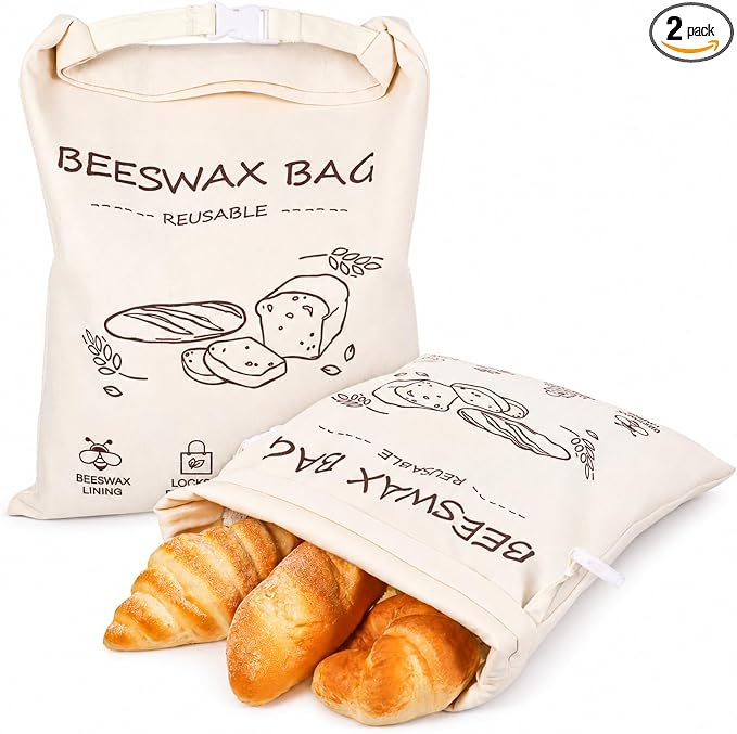 2 Packs Reusable Beeswax Bread Bags 13x17 Inch | Keep Bread Fresh for Days Moisture Lock Linen Food Storage for Homemade Sourdough Bread