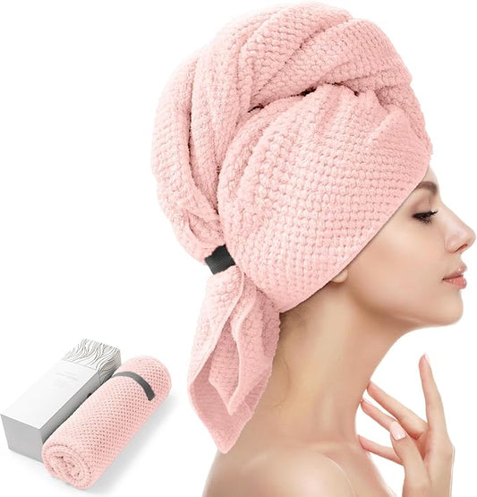 YFONG Large Hair Towel Wrap for Women, Super Absorbent Microfiber Hair Towel for Curly Hair, Fast Drying Hair Turbans with Elastic,Hair Drying Towel Wrap for Hair Care 26.3" X 40" (Pink)