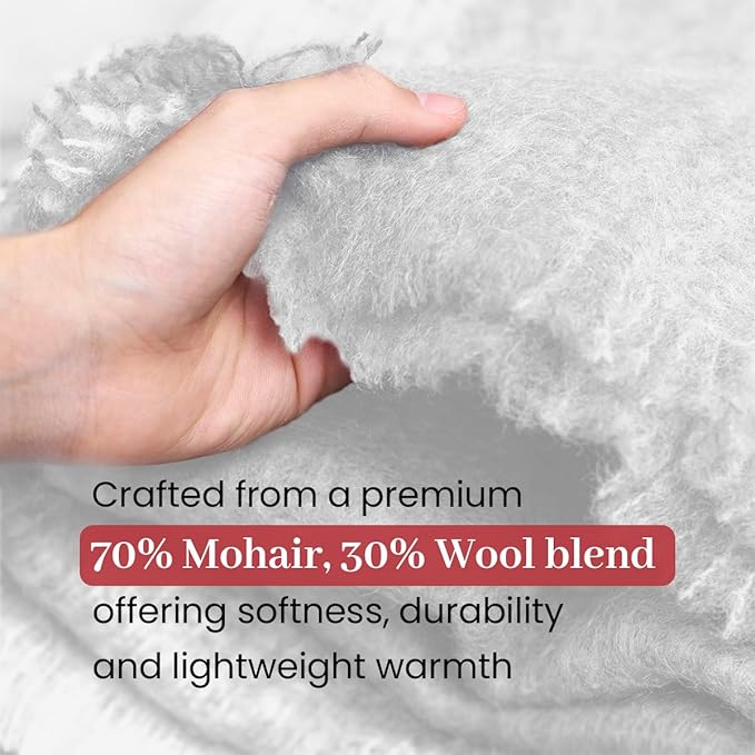 Biddy Murphy Ultra Soft Irish Mohair & Wool Throw Blanket, Made in Ireland, 54"x72", White
