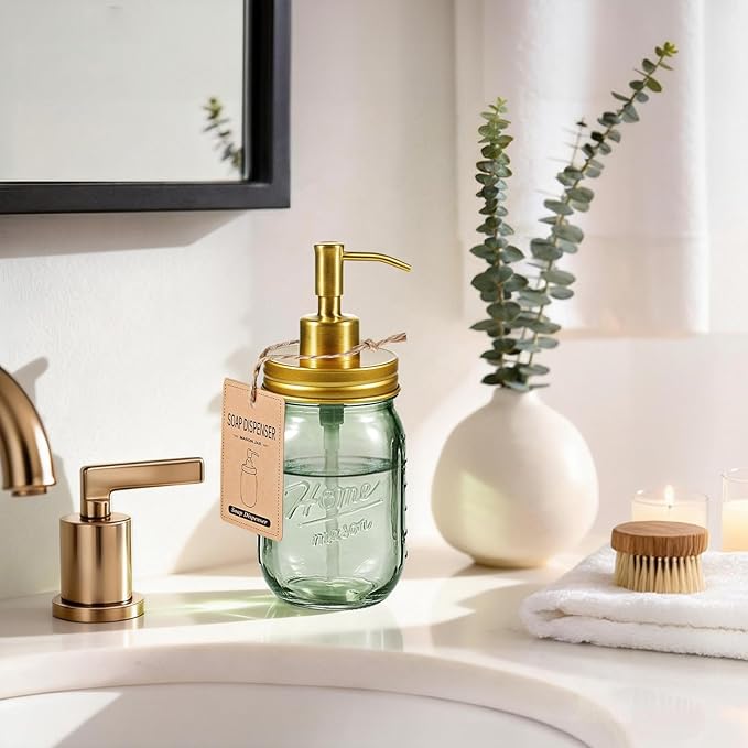 SheeChung Mason Jar Green Glass Soap Dispenser, Stainless Steel Pump, Refillable Dish soap Dispenser for Kitchen, 16Oz Bathroom Hand Soap Dispenser for Lotion, Liquid, Farmhouse Decor-Gold, 1 Pack