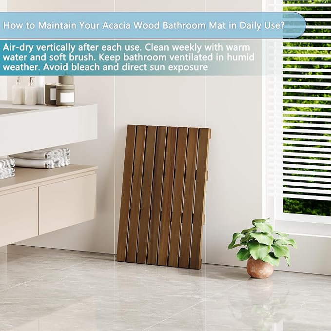 26"x16.9" Solid Acacia Wood Shower Mat, Non Slip Wooden Bath Mat, Indoor Outdoor Entryway Door Mat Multi-Purpose Plant Stand for Shower Bathtub Pool Spa Garden (Large)