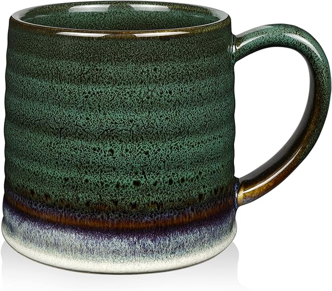 18 Oz Large Ceramic Coffee Mug, 500ml Big Handmade Pottery Tea Cup for Office and Home, Big Handle Easy to Hold, Microwave and Dishwasher Safe, Stylish Texture Glaze (Ink Green)