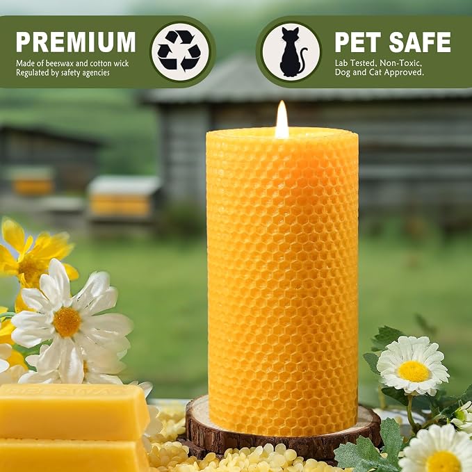 8 Pack Beeswax Piilar Candles, 360 Hours Handmade Beeswax Pillar Candles Handcrafted Honeycomb Bees Wax Candle for Home, Prayer, Unscented Candles (2.8x6 in)