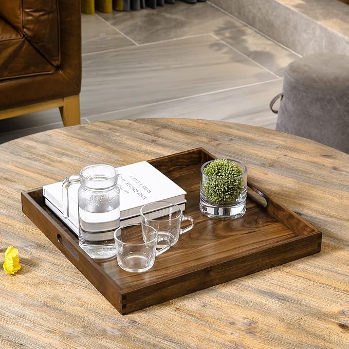 19 x 19 Inches Black Walnut Large Ottoman Tray Solid Wooden Table Square Platter Decorative Serving Tray with Handles for Oversized Ottoman Home Breakfast in Bed Tea Coffee