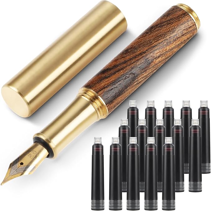 Andibro Handcrafted Wooden Fountain PenShort Paragraph (85mm) Pocket Mini Travel Fountain Pen Fancy Pens with 15 Pcs 2.6mm Black Ink Cartridges for Journaling Office School Supplies (Brown)