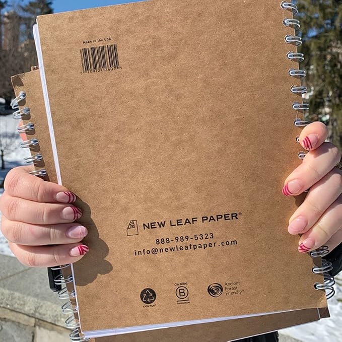 4-Pack, Large Spiral Bound Notebooks, Sustainability Designed, 11" x 9", 70 sheets (140 pages) 100% Recycled College Ruled Pages, Vegan, 4 Cover Designs, Made in USA