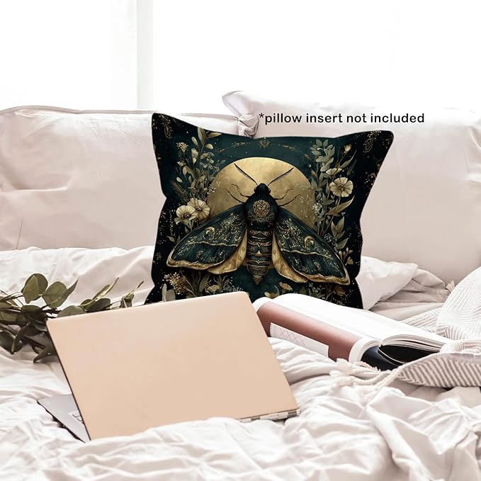 Gothic Moth Throw Pillow Cover Gifts 18x18, Vintage Dark Cottagecore Decor Pillow Cases for Bedroom Living Room, Moody Floral Botanical Decorative Square Pillowcases for Couch Bed Sofa