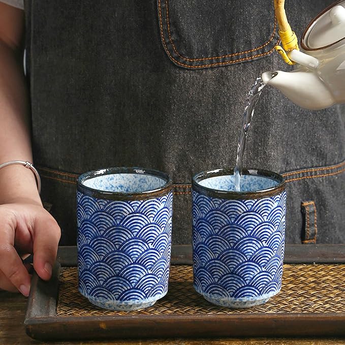 Japanese Ceramic Cup 10 oz No Handle Coffee Mug Teacups Set of 2 for All Kinds of Coffee and Drinks (Blue)