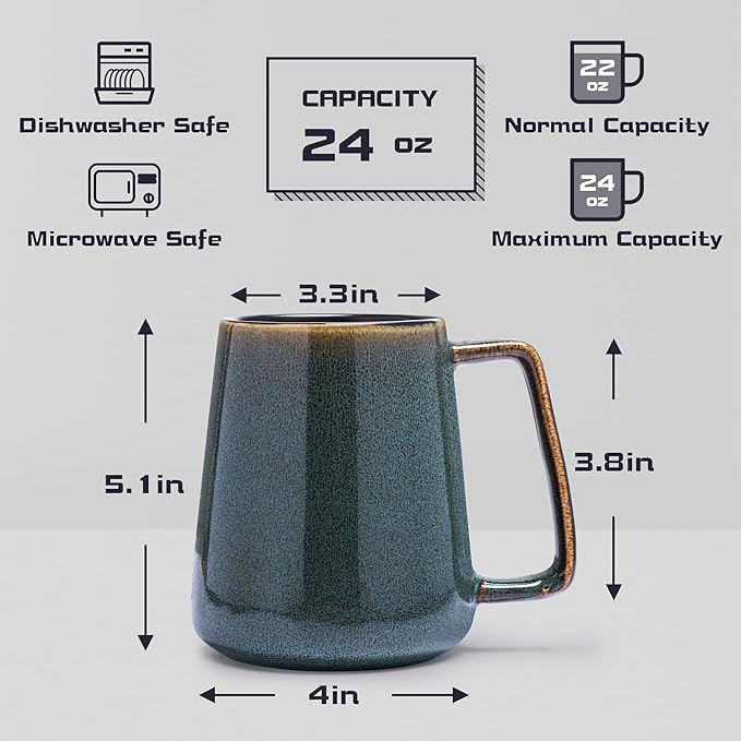Extra Large Ceramic Coffee Mug,24 Oz,Oversized Tea Cup for Home and Office,With Big Handle,Dishwasher and Microwave Safe (24 Oz Green)