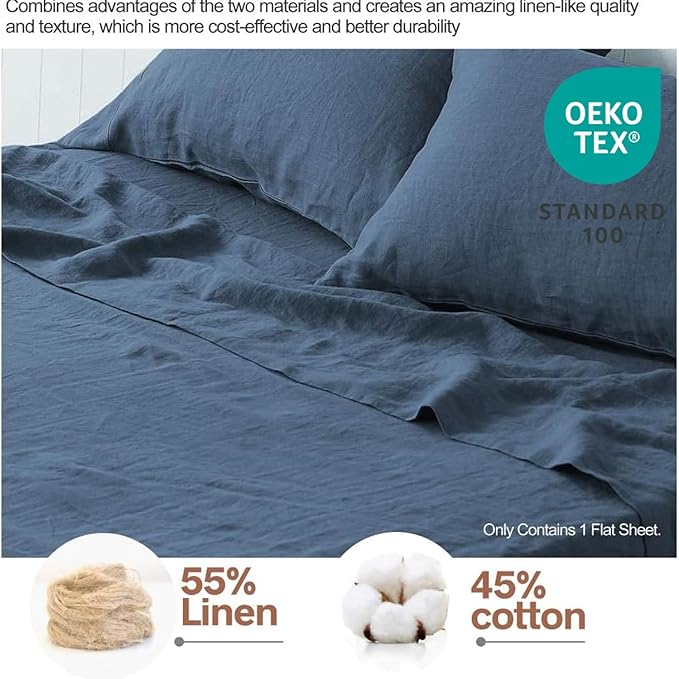 BISELINA Linen Sheet French Flax Flat Sheet Only 55% Euro Linen 45% Cotton Basic Style Solid Color Soft Breathable Farmhouse Top Sheet 1-Piece (King, Navy Blue)