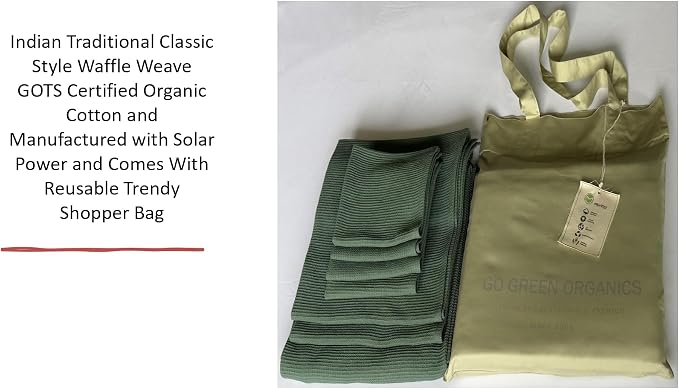 Organic Cotton Bath Towel Set Waffle, GOTS Certified (Forest Green) Super ABSORBANT & Quick Dry, NO SOFTENERS, Environment Friendly, 1xBATH58x30.5, 2xHAND29x20, 4xFACE12x12INCH