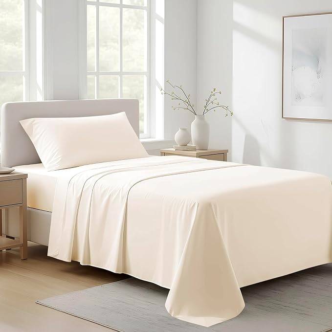 100% Organic Cotton Sheets Twin XL Size - Organic Cotton Twin XL Size Percale Weave Sheet Set (3 PC, Ivory), Soft, Cooling, Crisp & Breathable, 16" Deep Pocket Hotel Bedding Set