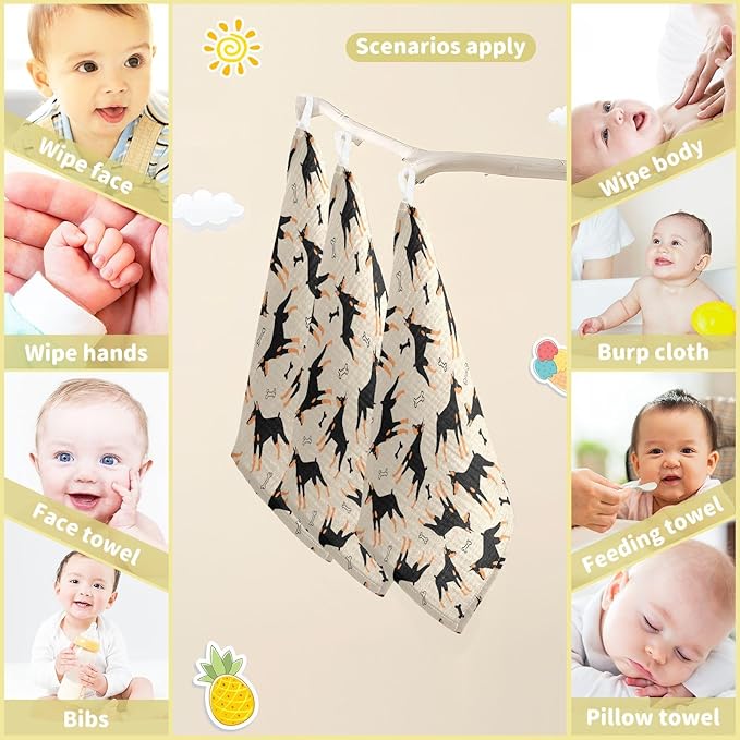 Baby Doberman Cartoon Dog Msulin Washcloths Newborn Face Towel - Baby Muslin Burp Cloths 5 Pack Soft Absorbent Natural Cotton Wash Towel 11.8"X11.8" Baby Bath Towels Wipes