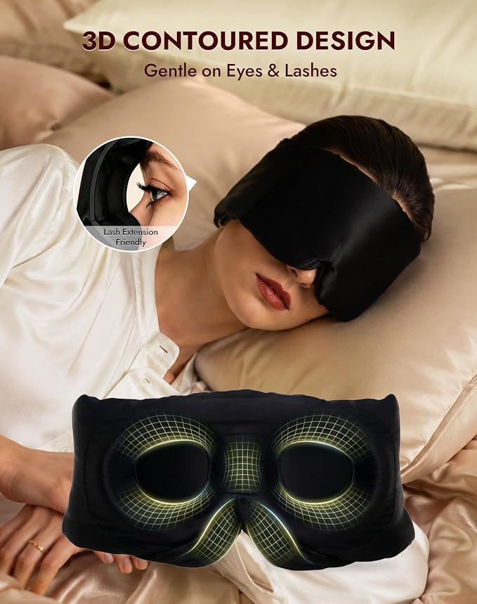 SilkSilky Silk Sleep Mask for Side Sleepers - 22 Momme 100% Mulberry Silk, Wide Face-Hugging 3D Eye Mask for Total Blackout, Zero Pressure & Adjustable Band for Women Men (Black)