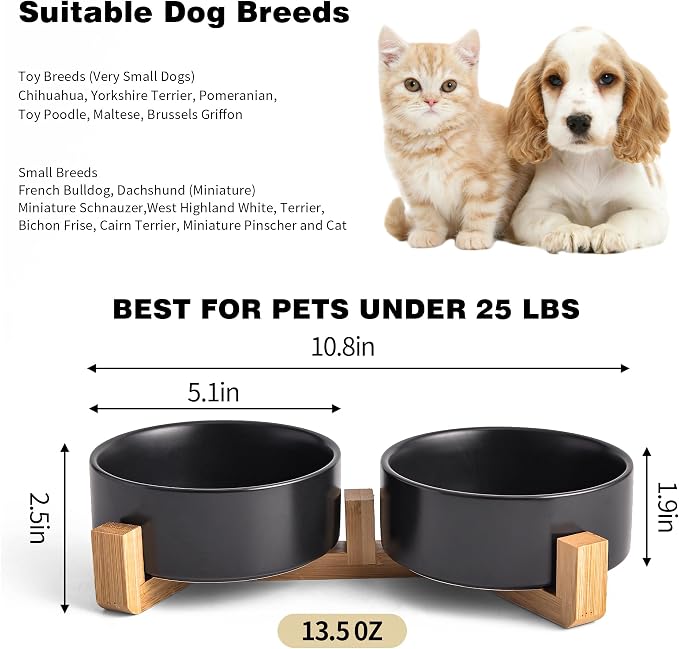 Mowtanco Black Ceramic Dog & Cat Bowl Set – 13.5 OZ with Wooden Stand, Non-Slip, Elevated Design for Small Dogs & Cats – 2 Bowls (Food & Water, Ceramic Pet Bowls, Modern Dog Bowls)