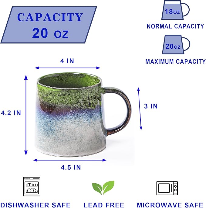 Large Ceramic Coffee Mugs, 20 oz Handmade Pottery Mug, Big Tea Cups with Handle for Office and Home, Dishwasher and Microwave Safe (Light Green)