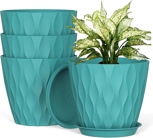 UOUZ 8 Inch Plant Pots, 4 Pack Plastic Planters for Indoor Outdoor with Drainage Holes & Saucers, Waffle Texture Flower Pots for Indoor Plants, Indoor Plant Pots for Monstera, Fiddle Leaf Fig Blue