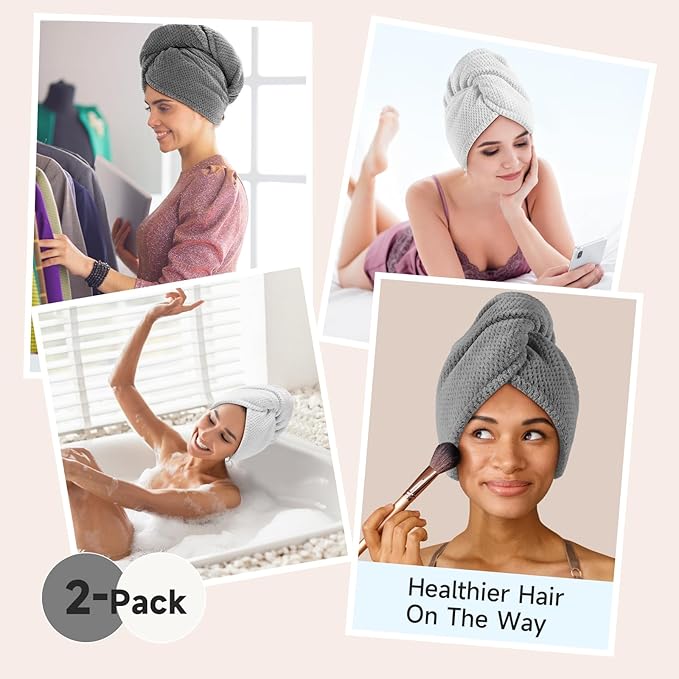 Umisleep 2 Pack Microfiber Hair Towel Wrap for Women, 400 GSM Thick & Soft Hair Drying Towels, Super Absorbent Hair Turban with Button Loop for Curly, Wavy & Wet Hair (Grey, White)
