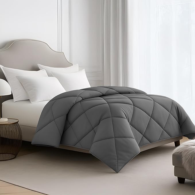 LUX Décor Lightweight Comforter Queen Size - Soft Breathable Down Alternative Diamond Stitched, All Season Grey Comforter with Double Stitched Piping, Oeko-TEX