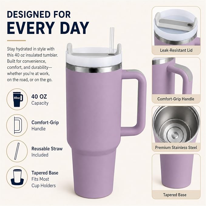Pandance 4 Pack 40 oz Tumbler with Handle and Straw Bulk, Purple | Stainless Steel Vacuum Insulated Travel Mug, Sturdy Screw-on lid, Cup Holder Friendly, Large Capacity Cup For Iced Coffee
