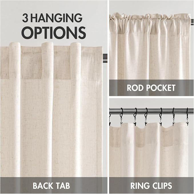 MIULEE Non-See-Through Privacy Linen Curtains 2 Panels, Light Filtering Window Curtains Farn House Textured Back Tab Semi Sheer Drapes for Bedroom Living Room, 52 x 90 Inches Long, Cream