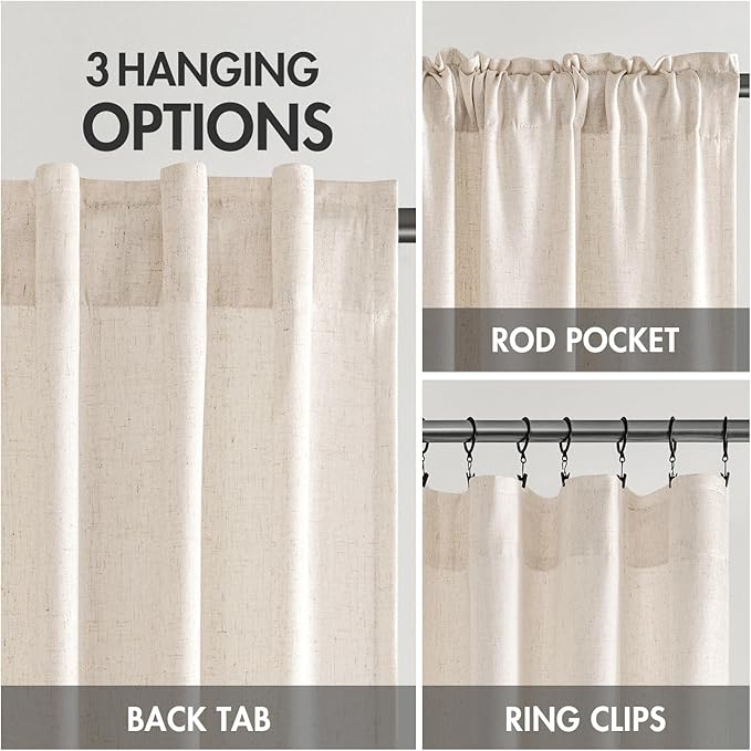 MIULEE Non-See-Through Privacy Linen Curtains 2 Panels, Light Filtering Window Curtains Farn House Textured Back Tab Semi Sheer Drapes for Bedroom Living Room, 52 x 72 Inches Long, Cream