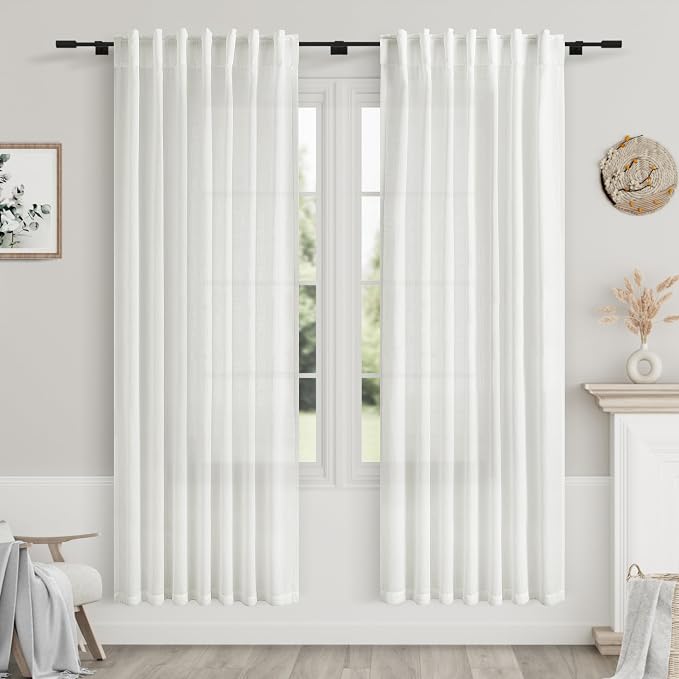 Nanspring Off White Semi Sheer Linen Curtains 72 inch Length for Living Room Back Tab Rod Pocket Modern Farmhouse Coastal Decor Off White Cotton Textured Gauze Curtains for Dining Room Office 52x72