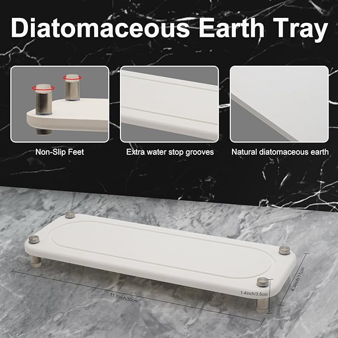2PCS Water Absorbing Stone Trays, Diatomite Bathroom Counter Tray, Caddy Kitchen Sink Organizer Tray, Faucet Drying Mat Coaster Soap Dish Riser Dispenser Sponge Holder (White, 12'' x 4'')