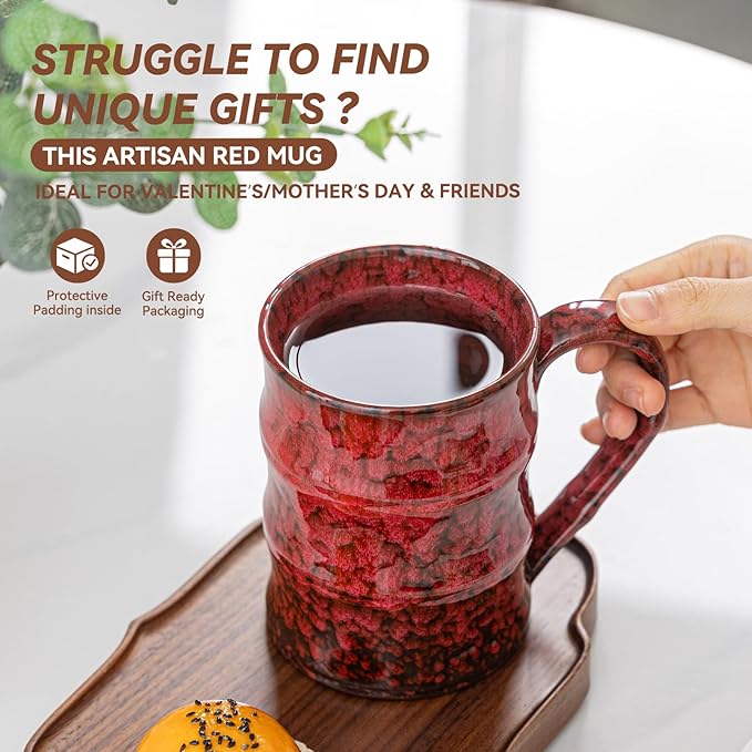 22oz Red Kiln-Change Ceramic Coffee Mug with Ergonomic Handle, 1340℃ High-Fire Unique Large Mug - Lead-Free, Microwave Safe, Great Gift for Valentine’s/Mother’s Day