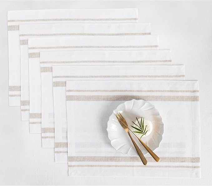 Solino Home Linen French Stripe Cloth Placemats Set of 6-100% Pure Linen Natural and White Placemats 14 x 19 Inch for Summer