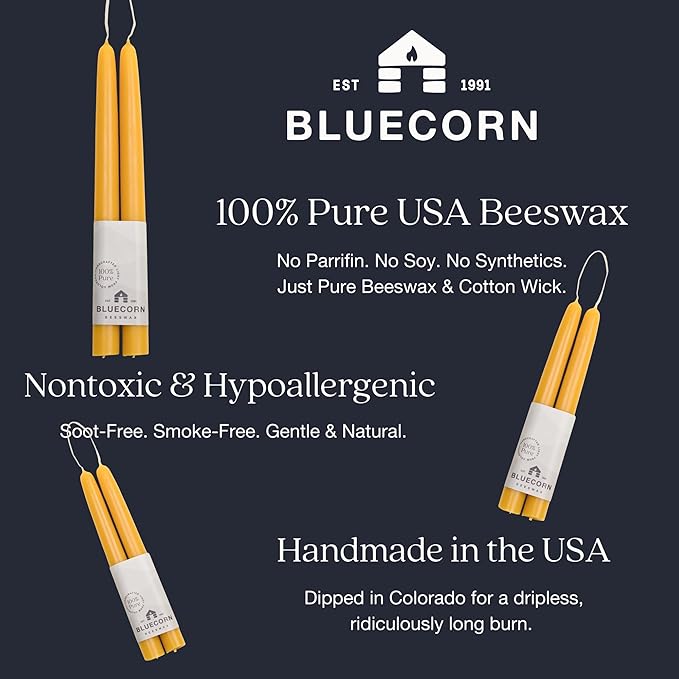 Bluecorn Beeswax Taper Candles, 100% Pure Natural Bees Wax, Pair of 12 Inch Teal Tapered Candlesticks, Clean Burning & Dripless, Fragrance Free, Long Lasting, Home Decor, American Made, 1 Count