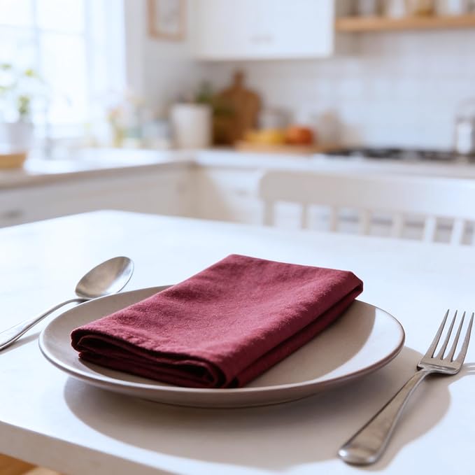 Cloth Napkins Set of 12, 100% Cotton Fabric Reusable Dinner Napkins, 18 x 18 Inch Washable Table & Kitchen Napkins for Everyday Dining, Entertaining, Home & Restaurant Use, Burgundy