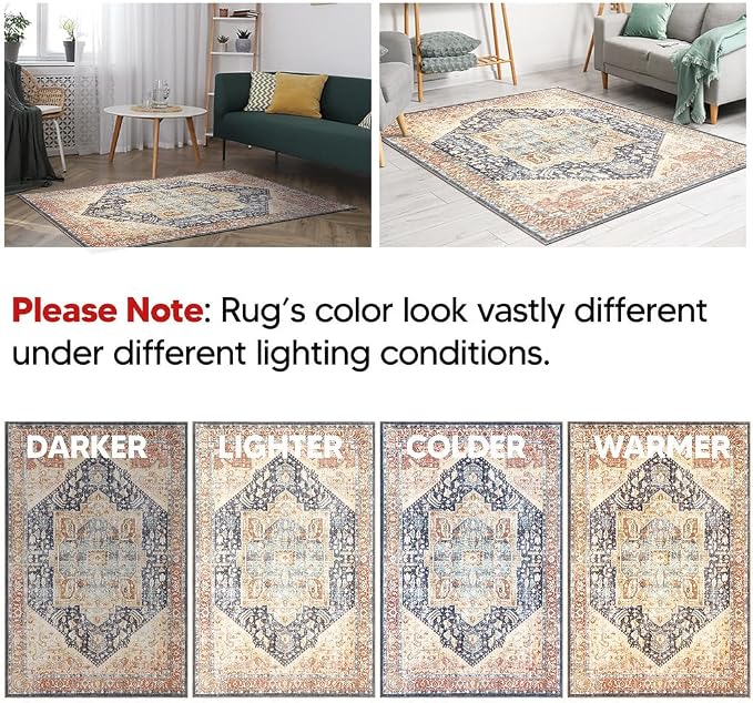 Keen Home Design 8x10 Rug - Machine Washable Area Rug with Non-Slip Backing, Ideal for Living Room, Dining Room, Bedroom - Vintage, Easy Clean, Durable, Low Pile Rug - (8' x 10')
