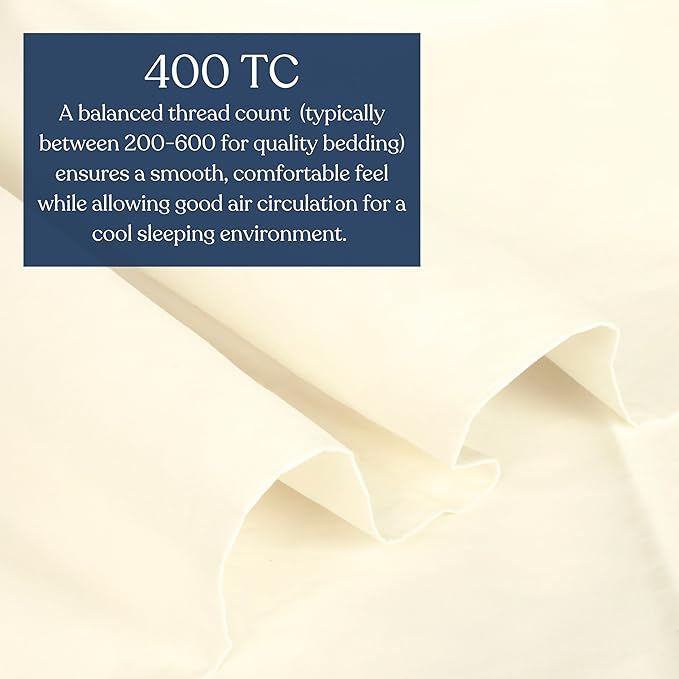 100% Organic Cotton Percale Weave Sheet, 400 Thread Count GOTS Certified, Smooth & Moisture-Wicking, Soft & Silky Breathable Bedding (Ivory, Twin - 2 Piece NO Flat Sheet)