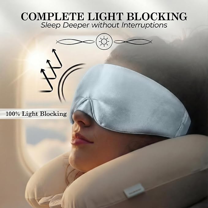 SLEEP SANCTUARY 100% Pure Mulberry Silk Sleep Mask - 22 Momme Light Blocking Hook & Loop Silk Eye Mask for Sleeping - Secure Fit for Side Sleepers, Women & Men - Cloud Soft (Misty Blue)